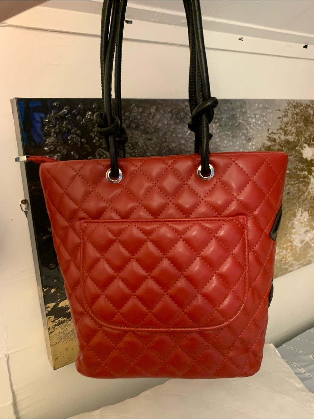 Brand New !! 💋 Quilted Red Tote Bag with Black Rope Handles